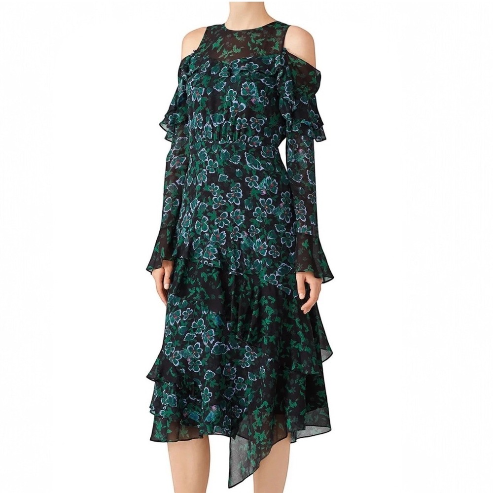 Tanya Taylor Athena Silk Midi Floral Dress Size 6 Green Ruffle Cold Shoulder